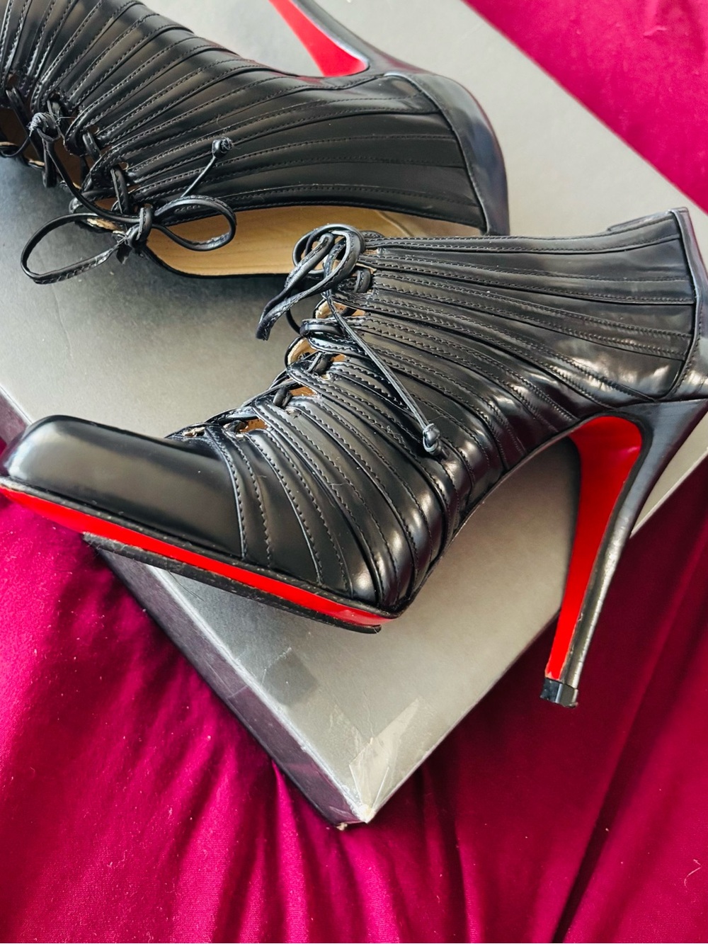 Christian Louboutin Black Lace-Up Pointed Stiletto Heels with Red Soles